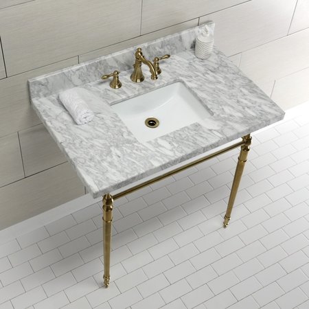 Fauceture KVPB3622M8SQ7 36" Console Sink with Brass Legs (8-Inch, 3 Hole), Marble White/Brushed Brass KVPB3622M8SQ7